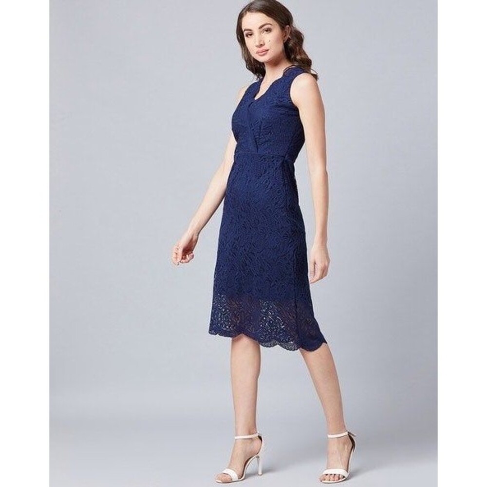 OSERJEP Scallop Eyelet Floral Lace Surplice V Neck Sheath Midi Dress Back Slit S